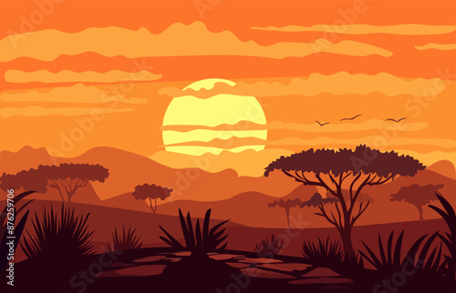 Sunset in Africa savanna cartoon landscape