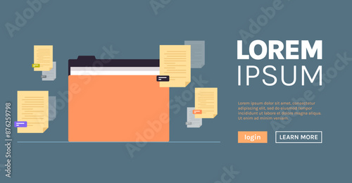 Documents organizing and folder file management paperwork data archive flat vector illustration.	
