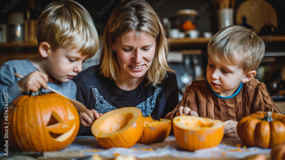 Mother with her children painting and building Halloween pumpkins to decorate Mother with her children painting and building Halloween pumpkins to decorate