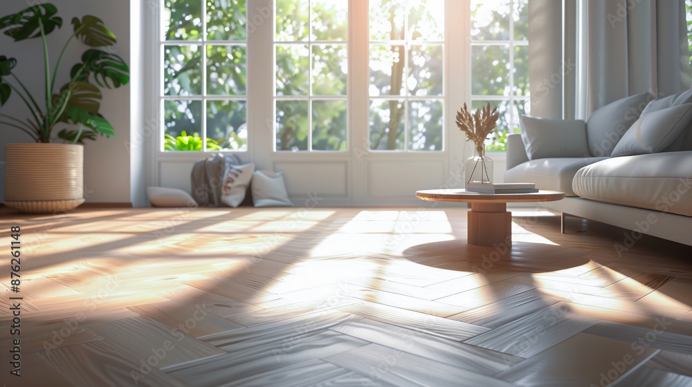 Fototapeta premium Sunlight streams through large windows of an elegant living room, casting soft shadows on the light wooden floor, creating a warm and inviting atmosphere.