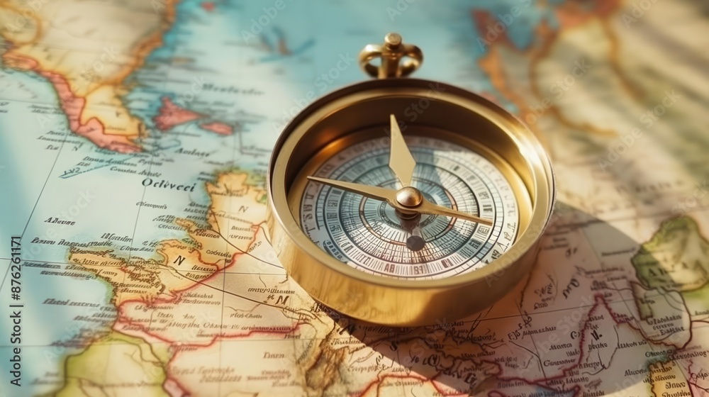 A compass on a map, watercolor style, bright midday sun, closeup, earthy and vibrant tones A compass on a map, watercolor style, bright midday sun, closeup, earthy and vibrant tones