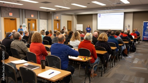 A large group of people are sitting in a classroom listening to a speaker