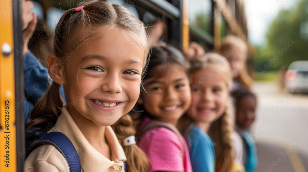 Diverse group of cheerful kids boarding school bus. Diverse group of cheerful kids boarding school bus.
