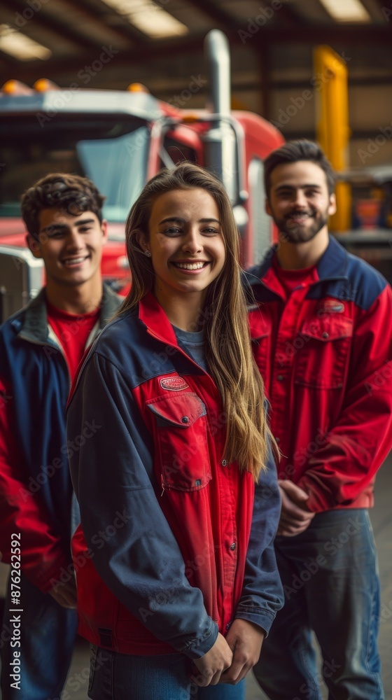 Young People Smiling in Branded Logistics Company Clothing, Radiating Confidence with Red and Blue Accents Young People Smiling in Branded Logistics Company Clothing, Radiating Confidence with Red and Blue Accents