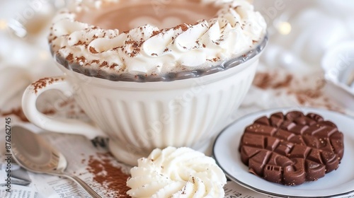  A macro of a mug of steaming hot cocoa adorned with whipped cream and a nearby biscuit