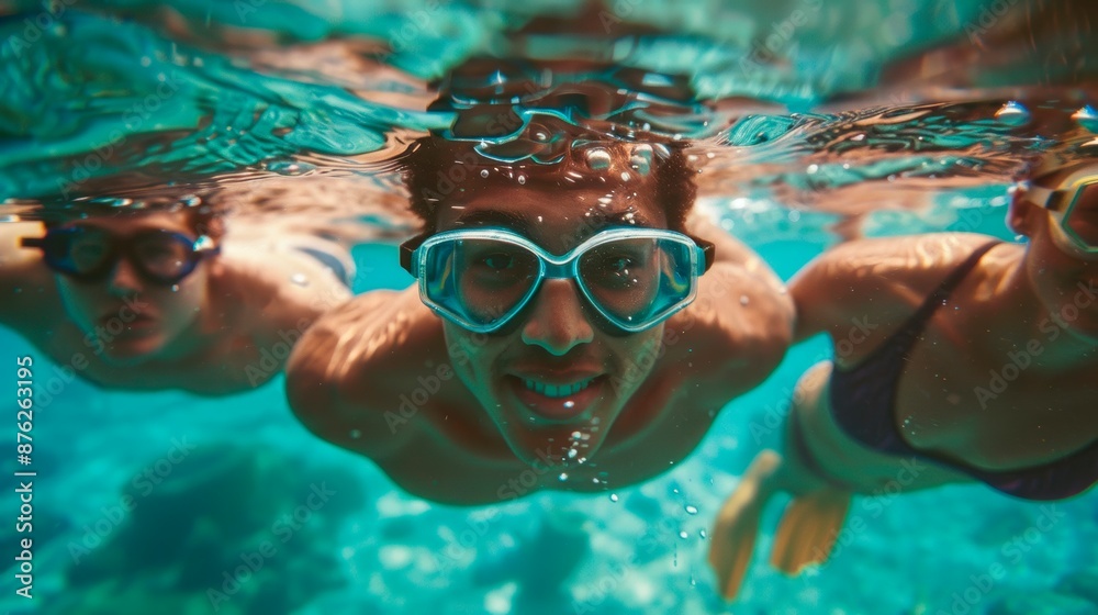 Naklejka premium Friends Snorkeling Underwater in Clear Sea 