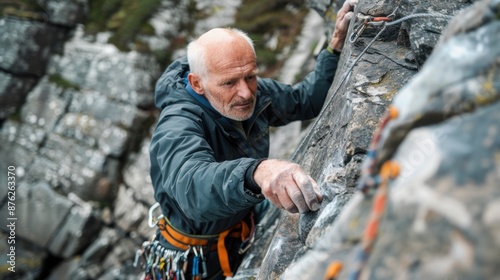 Senior Rock Climber Scaling Cliff Face  © Khmel