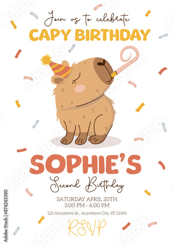 Capy Birthday invitation template in hand-drawn style with cute capybara in hat, confetti and pipe. Happy birthday concept. Amusing capibara character. Vector illustration for party, event.