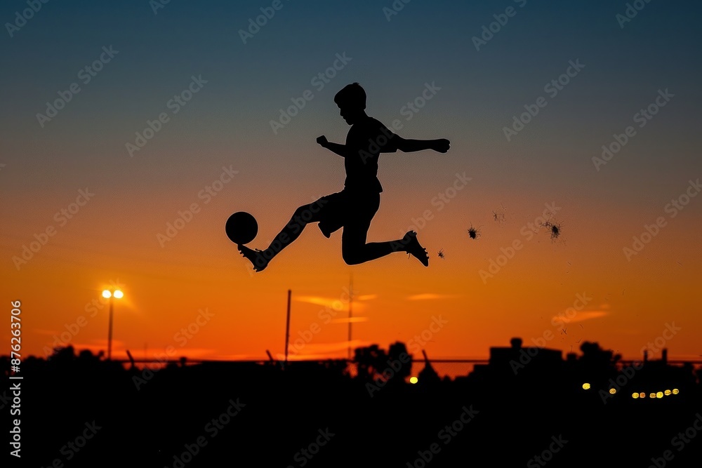 The graceful silhouette of a football player performing a bicycle kick, captured against the backdrop of a dusky sky. The image freezes the athlete in a moment of airborne elegance, showcasing the The graceful silhouette of a football player performing a bicycle kick, captured against the backdrop of a dusky sky. The image freezes the athlete in a moment of airborne elegance, showcasing the