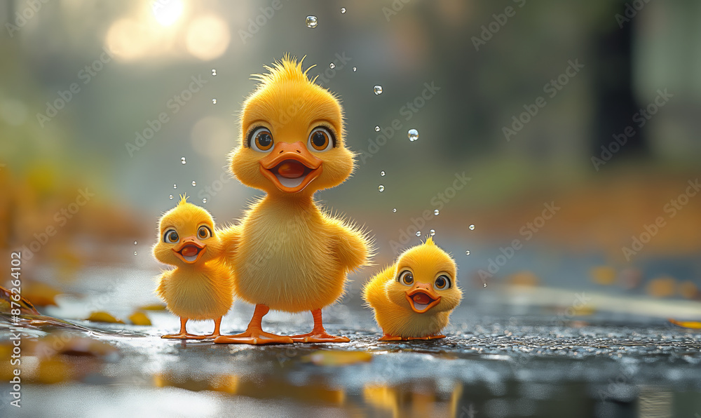 A cartoon illustration of a 3D duck with ducklings walking along a city street. A cartoon illustration of a 3D duck with ducklings walking along a city street.