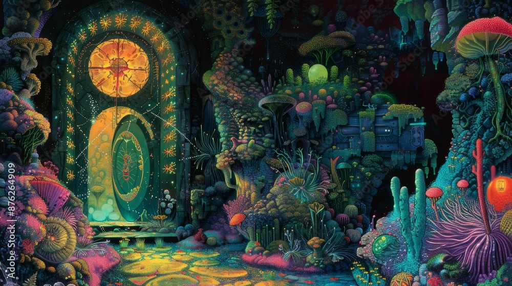 A magical vault guarded by a mythical creature, bright colors, illustration, fantasy style, detailed and whimsical A magical vault guarded by a mythical creature, bright colors, illustration, fantasy style, detailed and whimsical