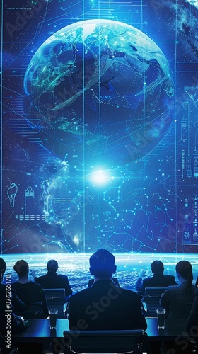 A global conference with delegates using holographic translators, tech, bright, clean, interconnected diplomacy
