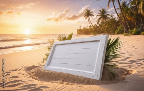 Empty white sign on a tropical beach photo