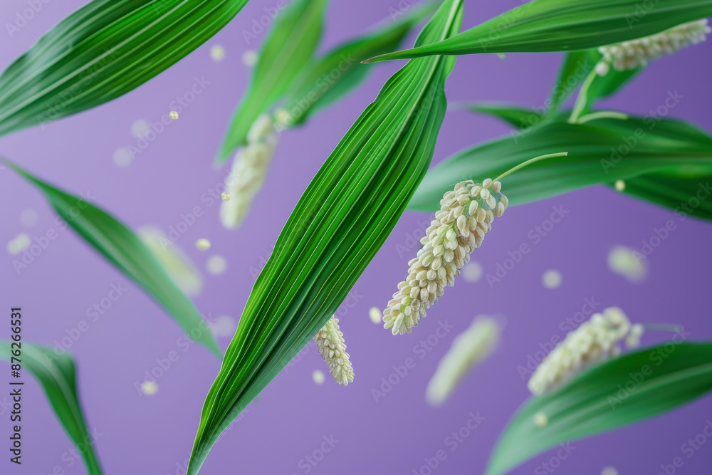 Fototapeta premium Vibrant Green Leaves with White Flower Clusters on Purple Background