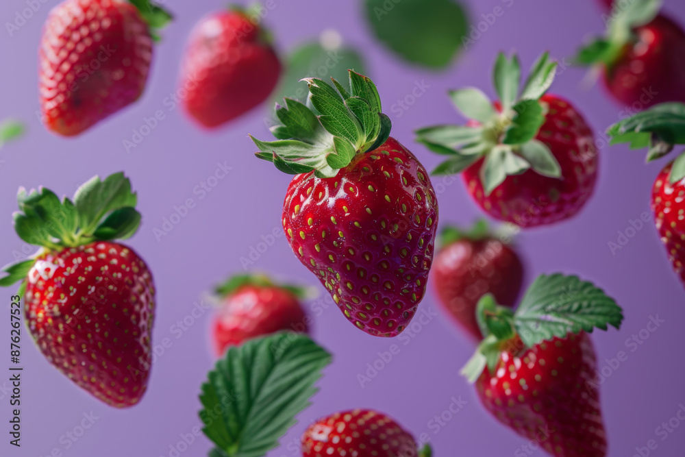 Fresh Red Strawberries Floating in Air on Purple Background Fresh Red Strawberries Floating in Air on Purple Background