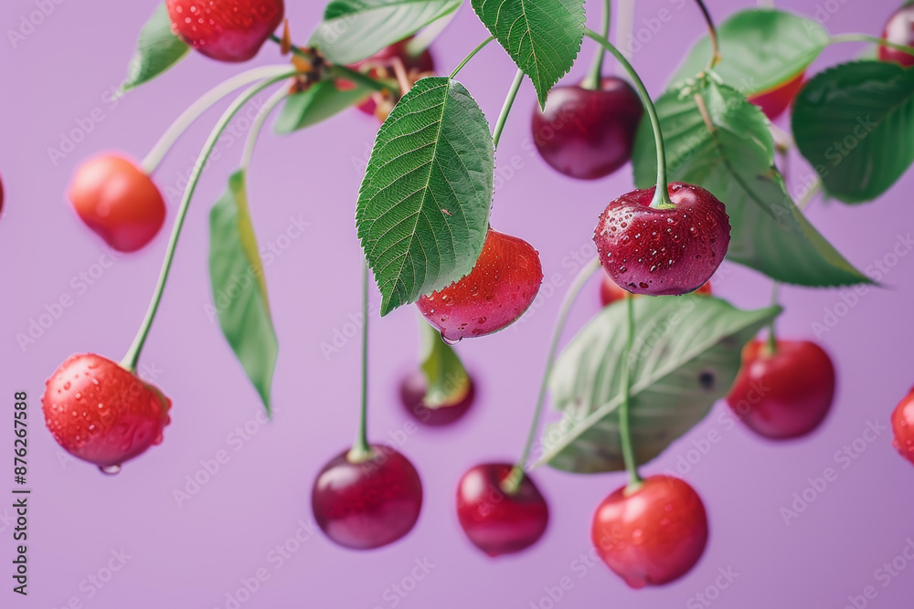 Fresh Red Cherries with Green Leaves on a Purple Background   Nature and Fruit