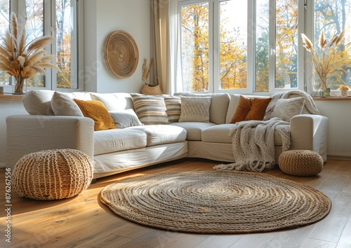 Cozy living room with a white sectional sofa, a large round rug, and a throw blanket photo