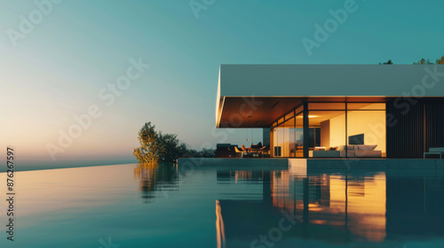 Minimalist modern house exterior with swimming pool 