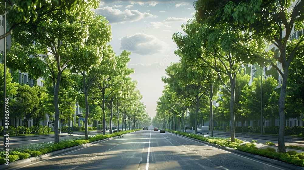 Urban Tree-Lined Street with Lush Green Foliage and Modern Buildings Urban Tree-Lined Street with Lush Green Foliage and Modern Buildings