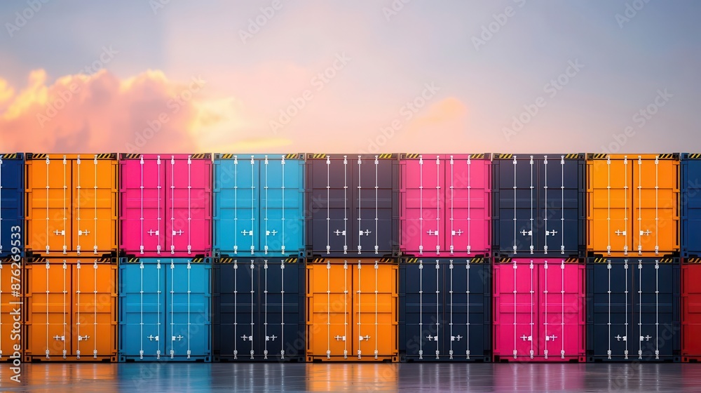 Obraz premium Silhouette of cargo containers at a port, supply chain, global distribution, inventory flow, efficient procurement, resource logistics