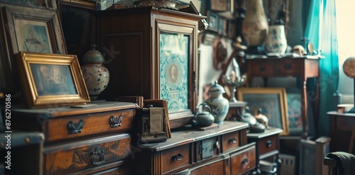 a room with a lot of antique furniture and pictures on the wall