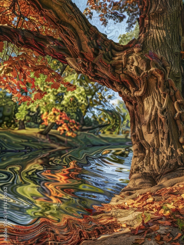 Obraz premium A thick tree trunk with gnarled branches reflects in the shimmering water of a nearby stream. Autumn leaves fall from the branches