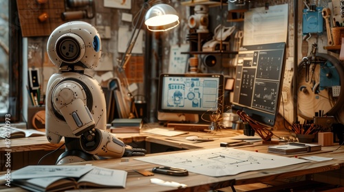 a creative studio where a robot is designing graphics on a computer, symbolizing AI replacing designers