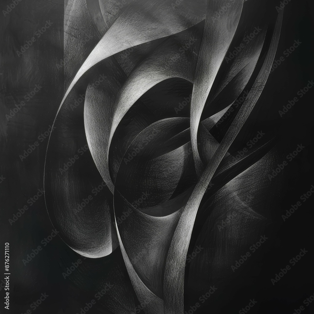 A close-up view of a charcoal drawing featuring abstract, intertwined shapes in shades of gray against a dark background A close-up view of a charcoal drawing featuring abstract, intertwined shapes in shades of gray against a dark background