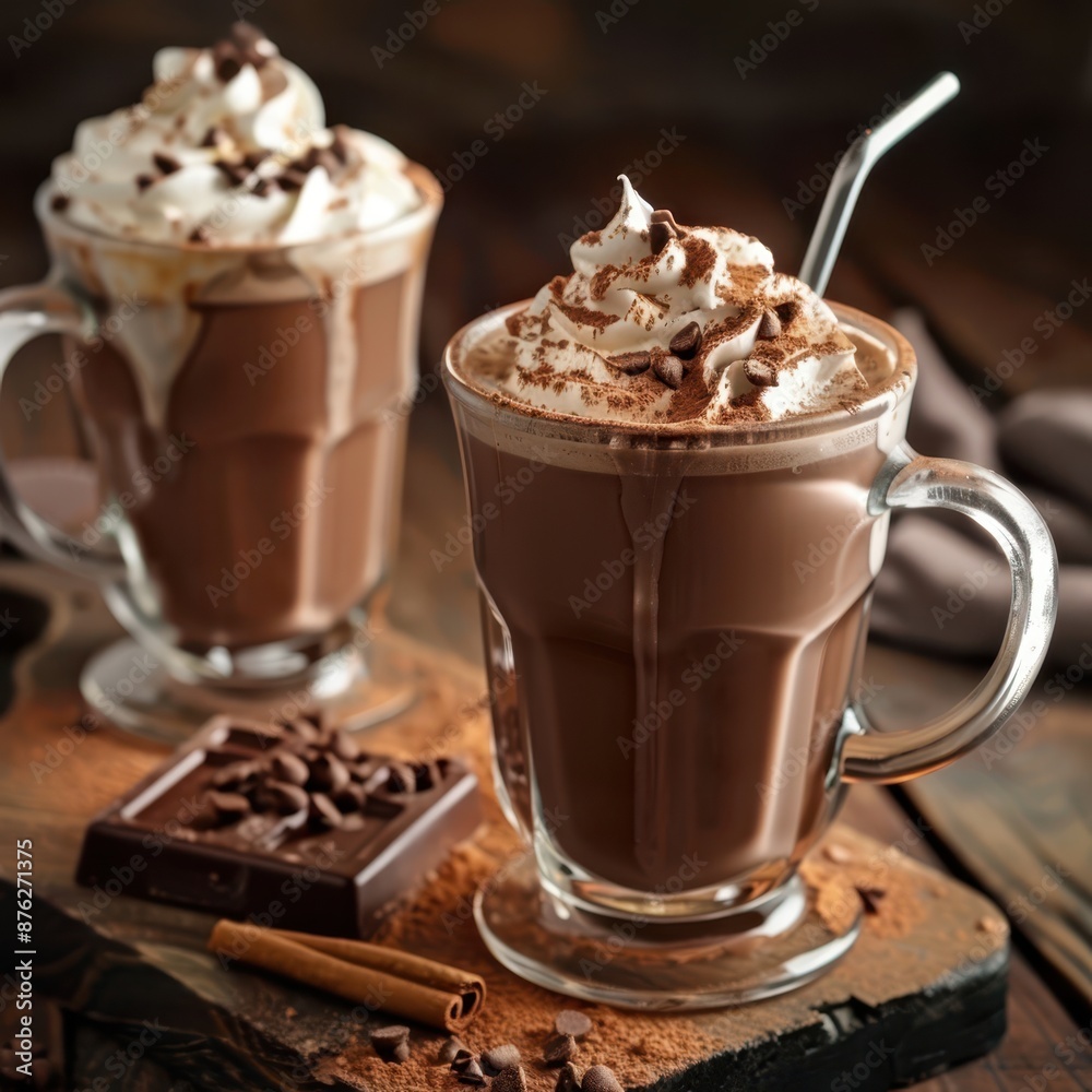 two hot chocolate mugs with whipped cream and chocolate