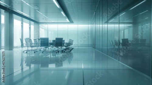 a long hallway with a large glass wall and chairs photo