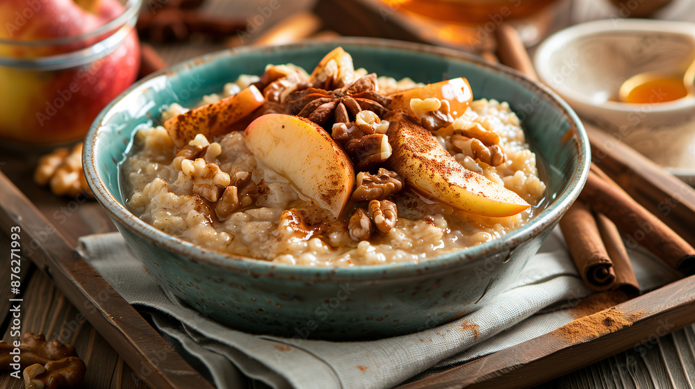 a slow-cooked apple cinnamon oatmeal, topped with caramelized apples, walnuts, and a drizzle of maple syrup, served in a bowl with a cinnamon stick on the side, set on a wooden breakfast tray a slow-cooked apple cinnamon oatmeal, topped with caramelized apples, walnuts, and a drizzle of maple syrup, served in a bowl with a cinnamon stick on the side, set on a wooden breakfast tray