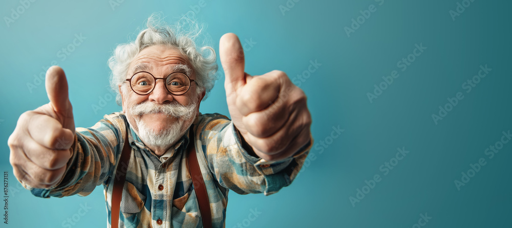 Funny looking elderly man wearing glasses, showing approving thumbs up. Wide angle studio photo banner copy space at side. Generative AI