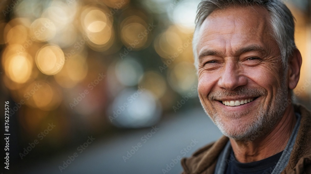 Portrait of middle-aged man looking at camera and smiling on blurred background with bokeh light Portrait of middle-aged man looking at camera and smiling on blurred background with bokeh light