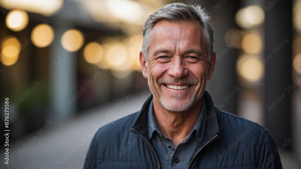 Portrait of middle-aged man looking at camera and smiling on blurred background with bokeh light Portrait of middle-aged man looking at camera and smiling on blurred background with bokeh light