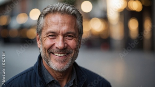 Portrait of middle-aged man looking at camera and smiling on blurred background with bokeh light 