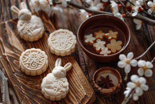 Close-up of traditional mooncakes with floral and bunny designs on a rustic wooden table, perfect for the Mid-Autumn Festival.