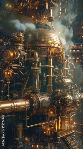 A detailed steampunk machine with intricate mechanical components and gears, emitting steam and exuding a vintage industrial aesthetic. photo