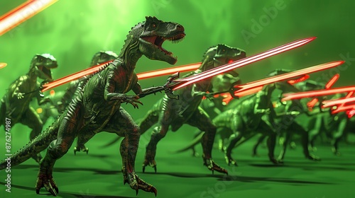 Fototapeta Naklejka Na Ścianę i Meble -  A futuristic and imaginative depiction of dinosaurs wielding glowing red lightsabers, marching forward in a green-lit environment.