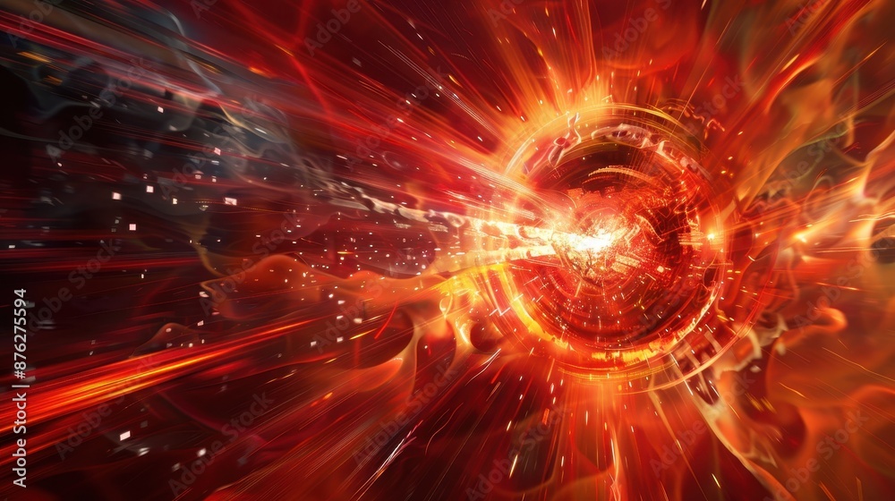 Obraz premium A vivid abstract explosion in red hues, showcasing dynamic energy, light streaks, and an intense central burst.