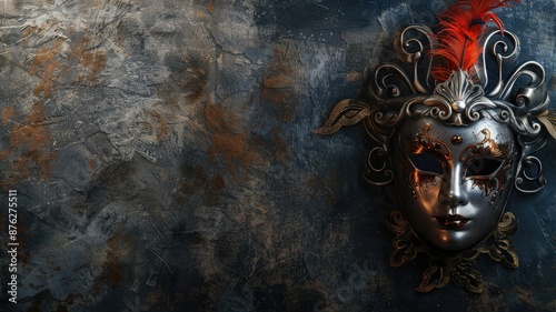 Masquerade mask with intricate details and a red feather against a textured wall.
