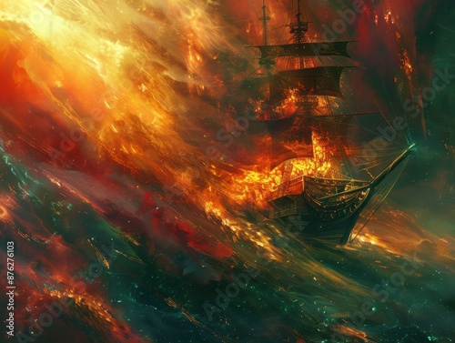 Dramatic painting of a sailing ship engulfed in flames amidst turbulent seas and a fiery sky, capturing intense drama and surreal beauty. photo