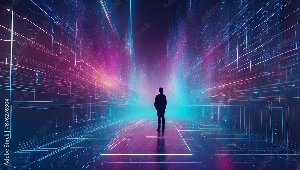 Silhouette of a person standing in the middle of a vast information space Silhouette of a person standing in the middle of a vast information space