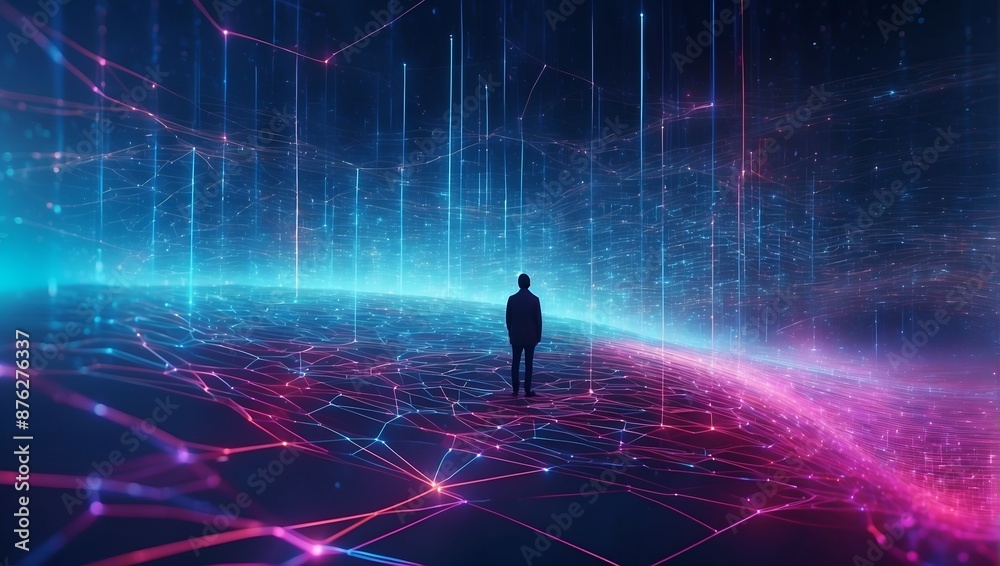 Silhouette of a person standing in the middle of a vast information space Silhouette of a person standing in the middle of a vast information space