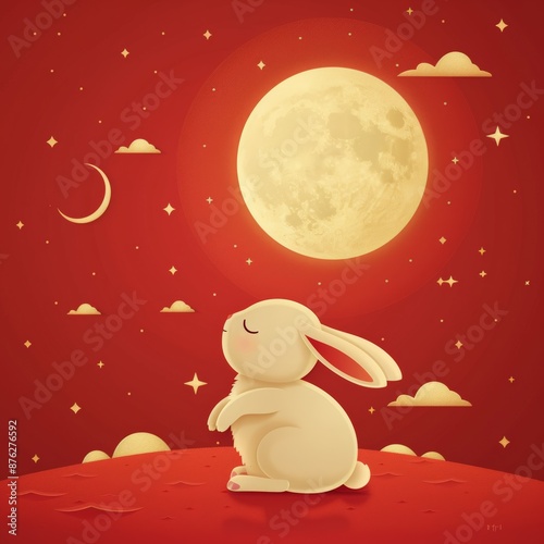 Adorable bunny under the full moon in a whimsical landscape with red hues.