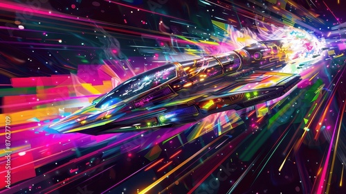 Futuristic spaceship traveling at light speed through colorful space, vibrant energy trails creating a dynamic and surreal sci-fi scene. © sathon