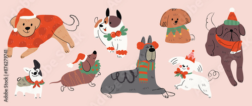 Merry christmas and happy new year concept background vector. Collection drawing of cute dogs with decorative scarf, ribbon, hat. Design suitable for banner, invitation, card, greeting, banner, cover.