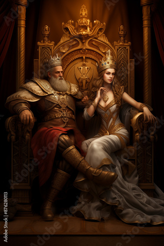 A high level realistic depiction of a king and queen sitting on a throne with a lot of detail