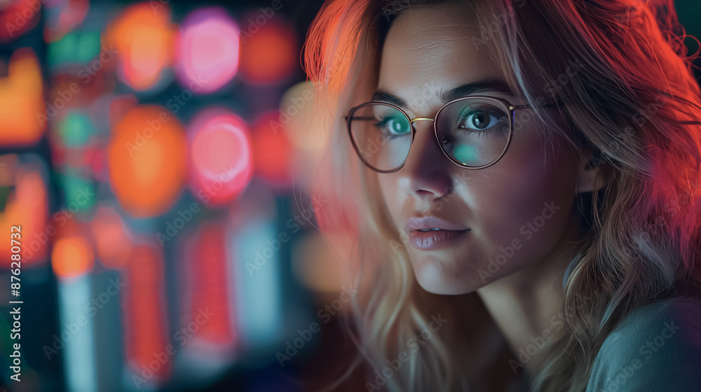 Busy middle-aged female entrepreneur working on computer at workplace, stock market and financial trading themes, confident and happy Busy middle-aged female entrepreneur working on computer at workplace, stock market and financial trading themes, confident and happy
