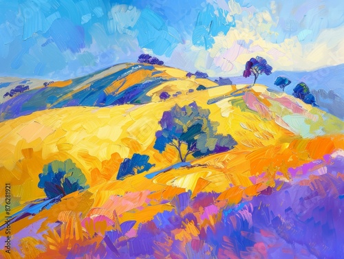 A vibrant landscape painting of rolling hills with trees and a bright blue sky. The hills are covered in yellow and orange grasses, while the foreground features purple wildflowers photo