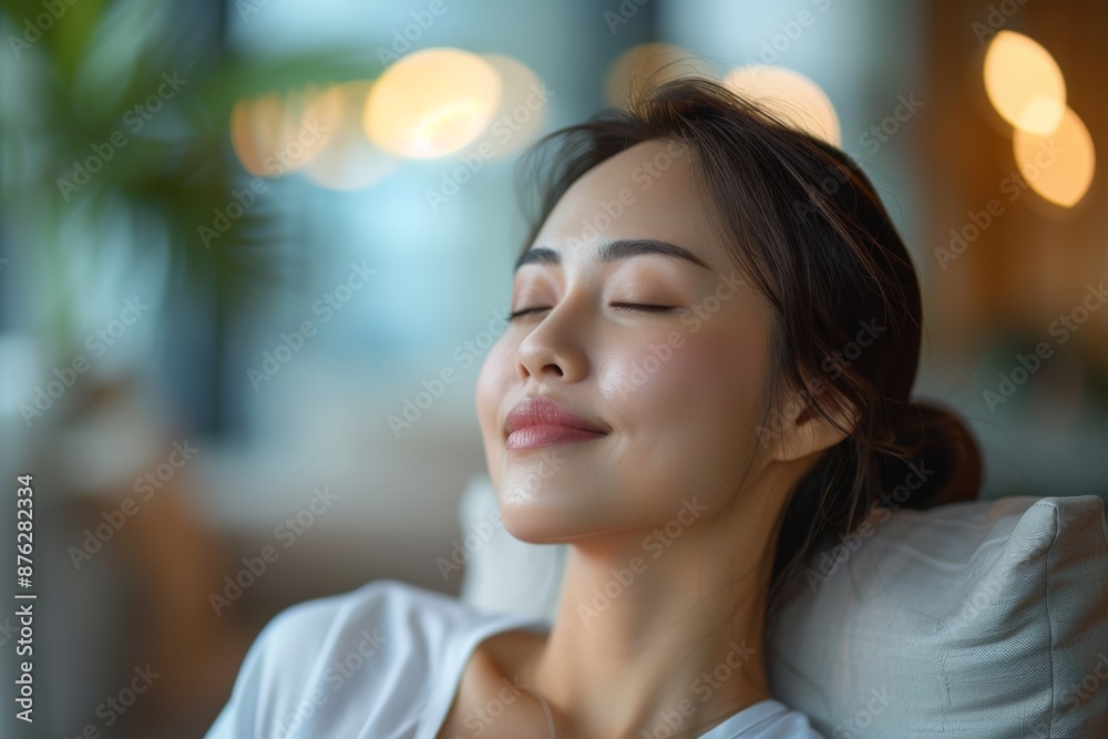 Woman peacefully resting on a sofa with soft lighting and a serene atmosphere, capturing a moment of pure relaxation. Woman peacefully resting on a sofa with soft lighting and a serene atmosphere, capturing a moment of pure relaxation.